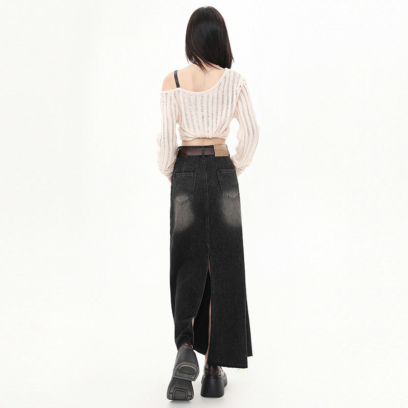 Versatile Fashion Patchwork Back Slit Denim Midi Skirt for Women, New Spring/Summer High-Waisted Vintage Frayed A-Line Skirt~