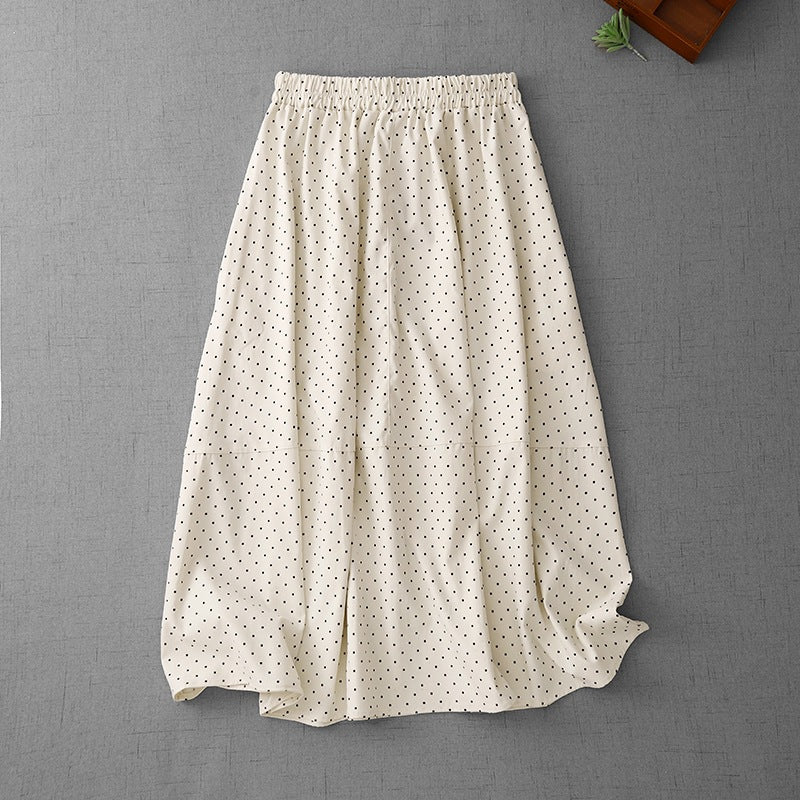 Vintage Polka Dot Cotton Linen Skirt for Women, Summer New Versatile Slimming Elastic Waist A-Line Midi Skirt