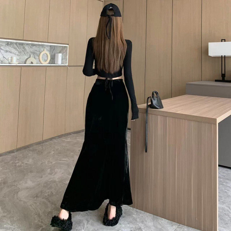 Japanese and Korean Trendyy Velvet Draped Fishtail Skirt Cross-Border Women's Autum New High-Waisted Skirt