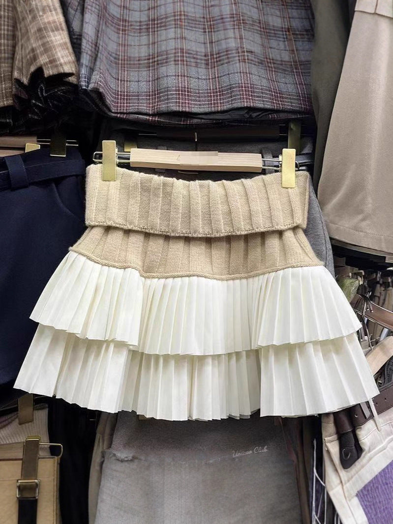 Designed Knitted Splicing Cake Skirt for Women Autumn and Winter New High-Waist Slimming Anti-Exposure Pleated Skirt