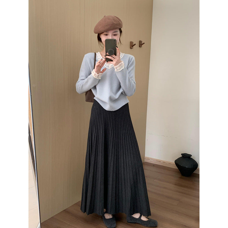 High-Waisted Slimming Mid-Length Thickened Pleated Knit Skirt for Women, Winter New Korean Style Casual A-Line Skirt