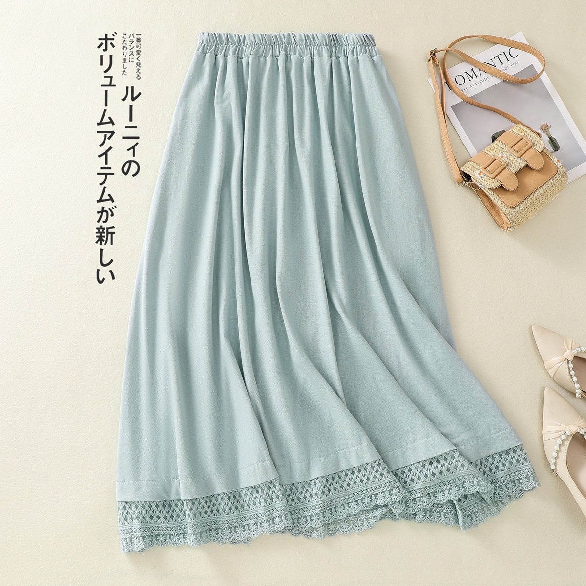 Real shot summer new cotton and linen skirt Japanese style retro all-match elastic waist slim A- line midi skirt for women