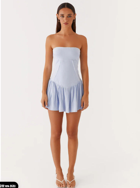 European and American New Amazon Hot Style Women's Pure Color Splicing Sexy and Playful Tube Top Backless Dress Short Skirt