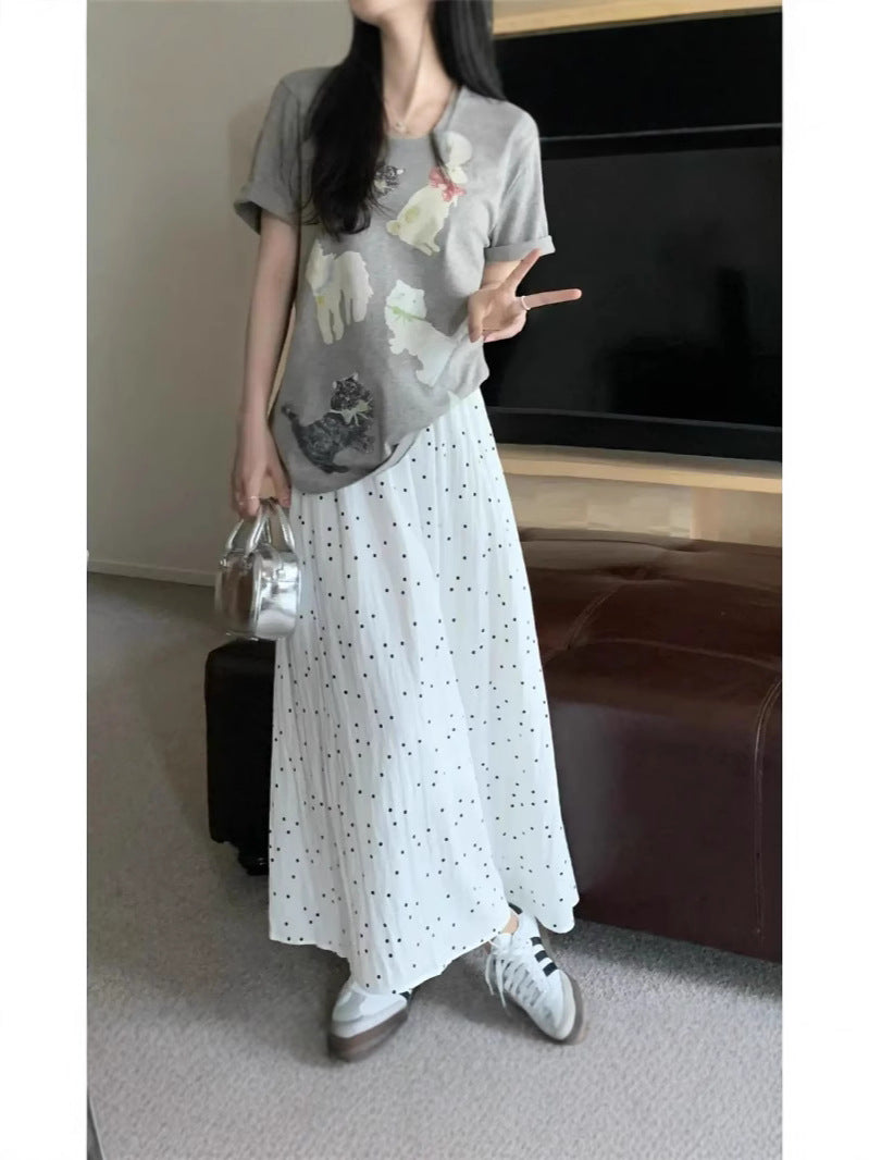Fashionable Simple Wave Dot A- line Umbrella Dress Women's Summer New High Waist Slimming Sweet Elegant All-match Half-length Dress