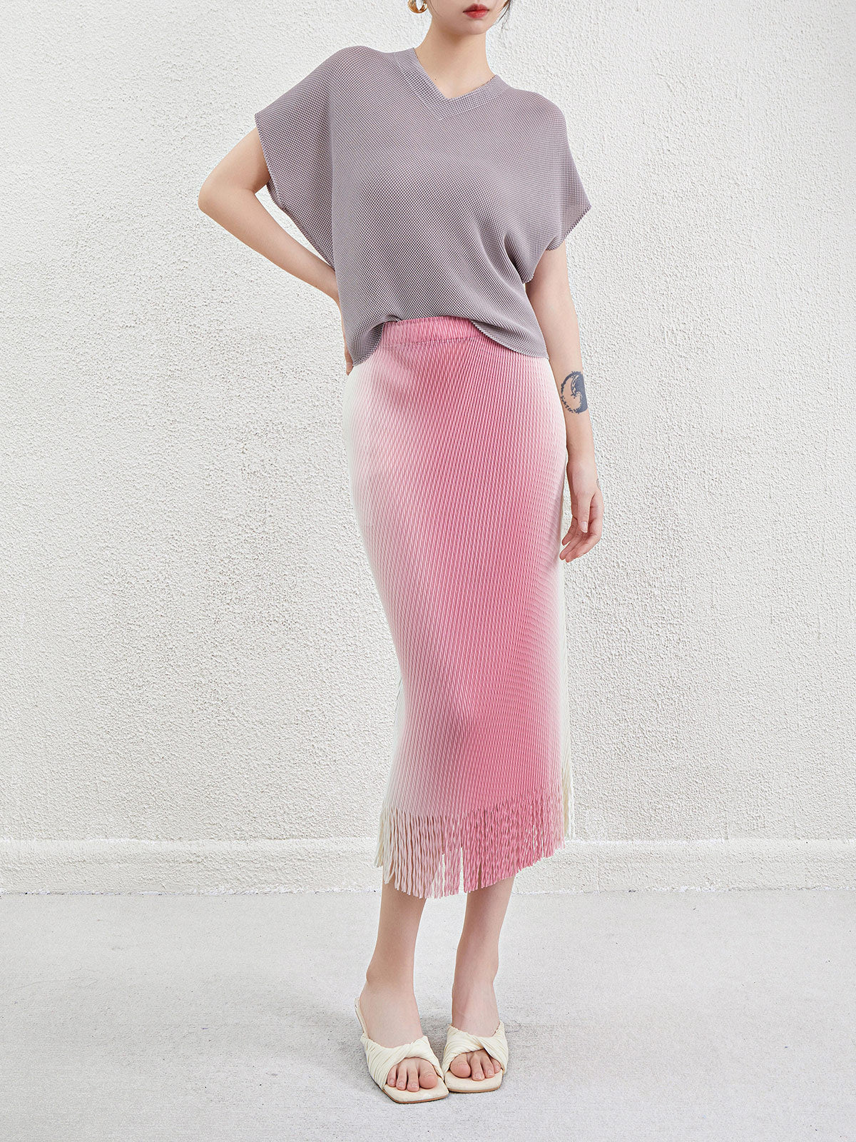Miyake Gradient Skirt Women's Summer New Fashion Tassel All-match Pleated Printed Straight Hip Midi Skirt