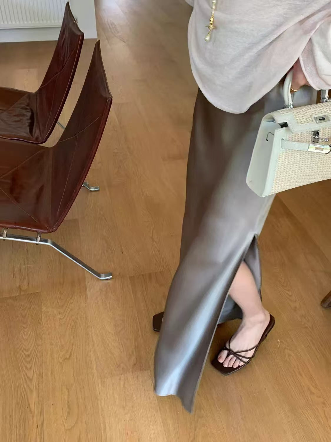 Imported Triacetate Satin 45 ° Bias-Cut Side Slit Extra-Long Floor-Length A-Line Fishtail Elastic Waist Skirt for Women