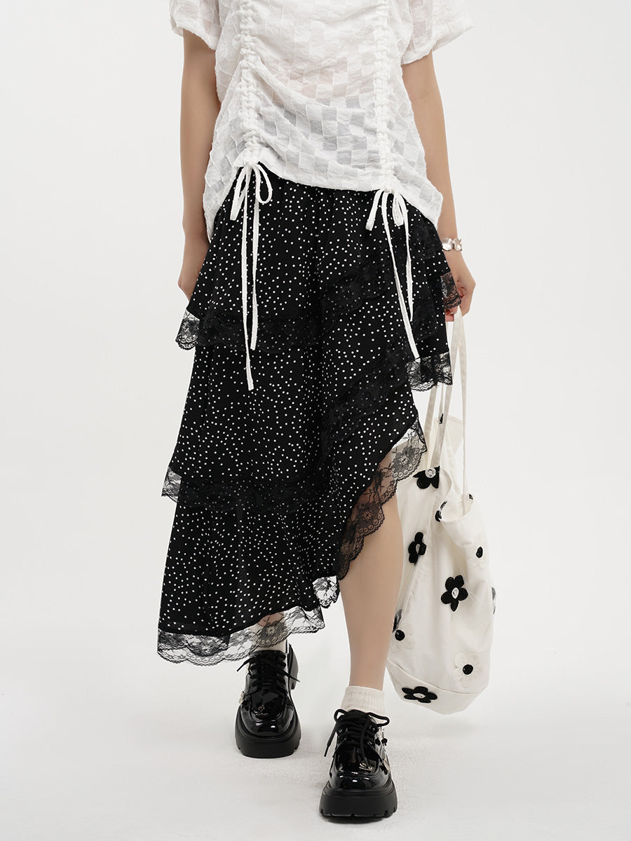 Yamamoto Summer French Style Irregular Wave Dot Skirt High Waist Lace Slant Hem Design Midi Dress