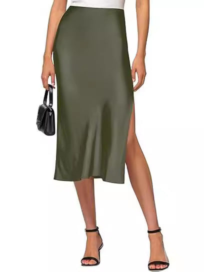 Cross-Border Amazon European and American Style Slit Satin Skirt Elastic High-Waisted Dress Slimming Fashionable Versatile