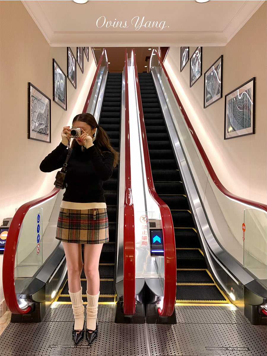 [Order Model]Ovinsyang Woolen Short Skirt Plaid Skirt Women's Autumn and Winter Preppy Style A-Line Hip Skirt