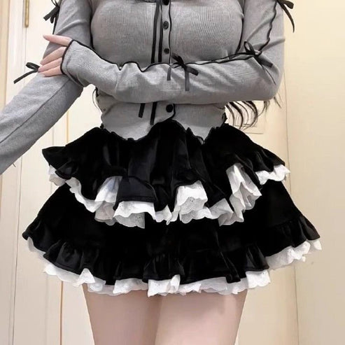 Velvet Ballet Design Lace Splicing Puffy Cake Autumn and Winter New Lotus Leaf High Waist Slimming Look Skirt