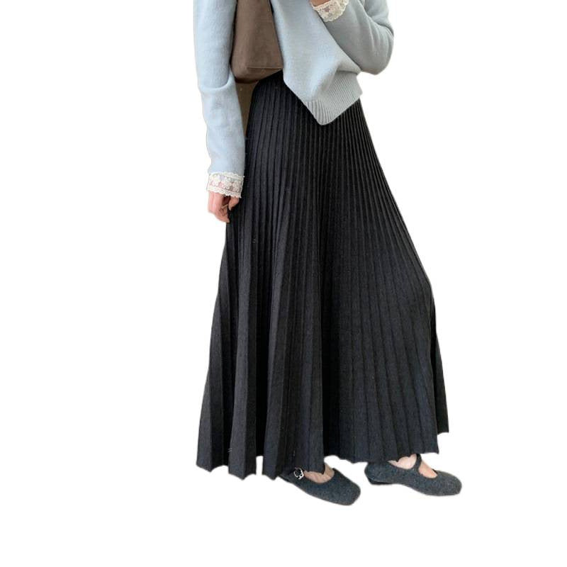 High-Waisted Slimming Mid-Length Thickened Pleated Knit Skirt for Women, Winter New Korean Style Casual A-Line Skirt