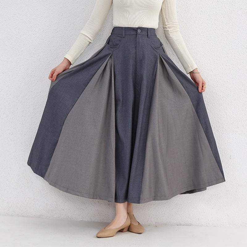 Autumn and Winter New High Waist Artistic Thickened Large Swing Skirt Women's Tight Waist Slimming Elegant Color-matching Knee-length Dress