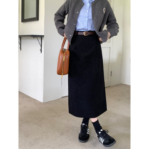 Corduroy Skirt Women's Spring, Autumn and Winter Elegant High Waist Slimming Look Slit Draped Mid-Length Straight A-Line Hip Skirt
