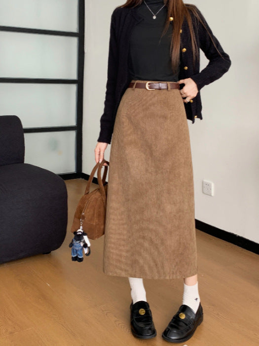 Corduroy Skirt Women's Spring, Autumn and Winter Elegant High Waist Slimming Look Slit Draped Mid-Length Straight A-Line Hip Skirt