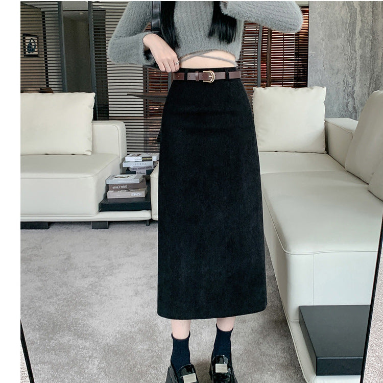 Corduroy Skirt Women's Spring, Autumn and Winter Elegant High Waist Slimming Look Slit Draped Mid-Length Straight A-Line Hip Skirt