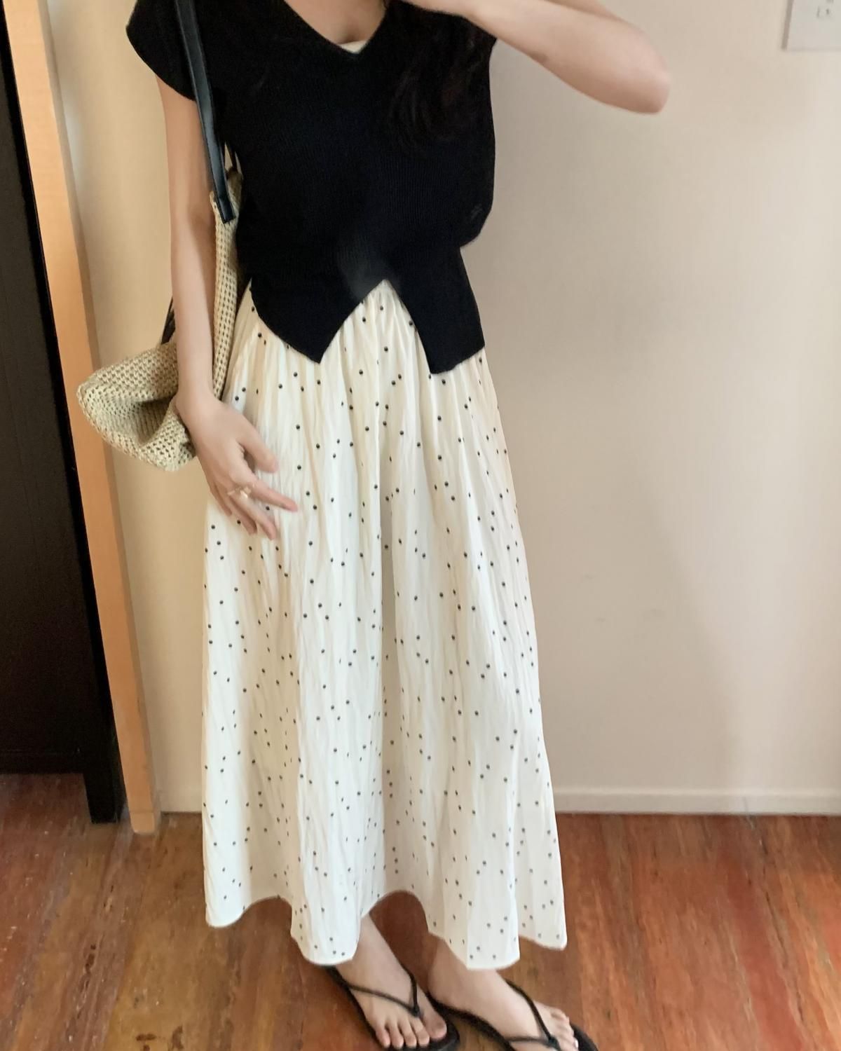 Fashionable Simple Wave Dot A- line Umbrella Dress Women's Summer New High Waist Slimming Sweet Elegant All-match Half-length Dress