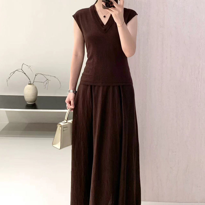 Elegant Imitation 100% Pure Wool Dress for Women, Summer 2025 New Style, Petite Waist-Cinching Slimming Long Dress