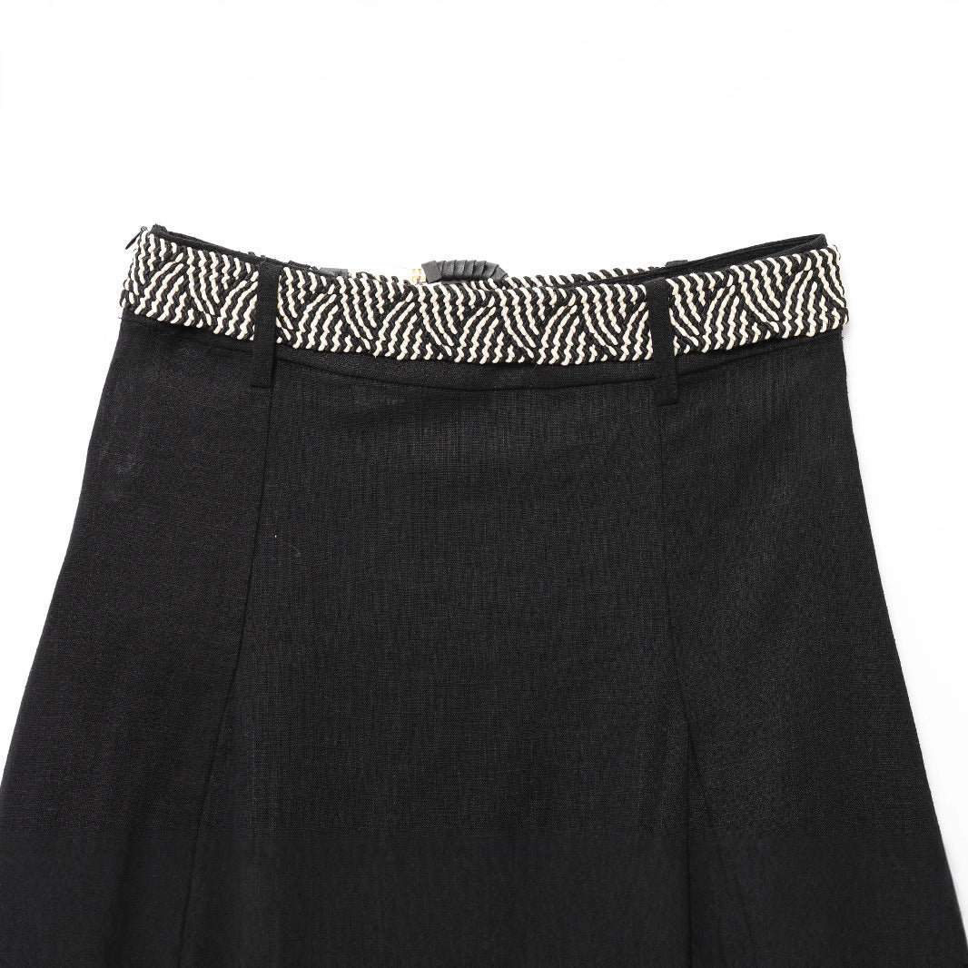 European and American Style Women's Clothing New European and American Fashion Belted Linen Blend Midi Skirt 0387065