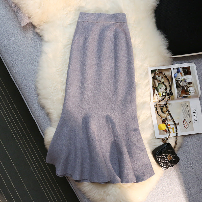 Long Knitted Fishtail Skirt Women's Autumn and Winter French Retro High Waist Sexy Wraped Hip Skirt Elegant Skirt