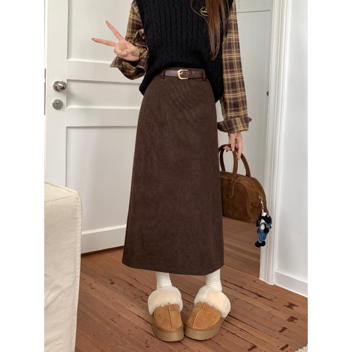 Corduroy Skirt Women's Spring, Autumn and Winter Elegant High Waist Slimming Look Slit Draped Mid-Length Straight A-Line Hip Skirt