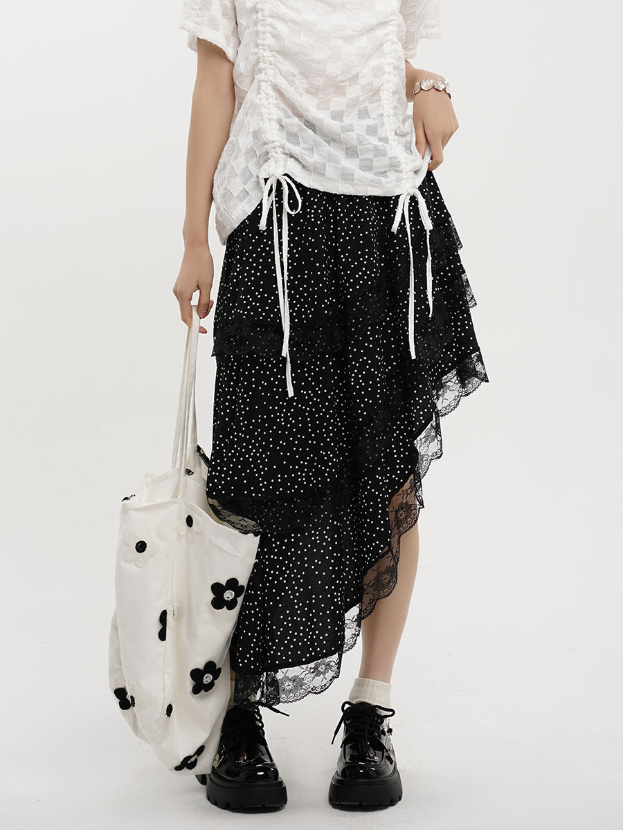 Yamamoto Summer French Style Irregular Wave Dot Skirt High Waist Lace Slant Hem Design Midi Dress