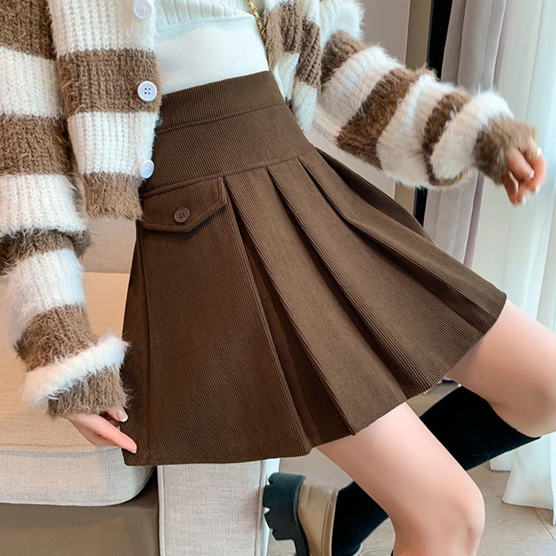 High-Waisted Pleated Skirt for Women, New Spring and Autumn Style, Hip-Covering A-Line Corduroy Short Skirt, Fashionable Niche Half Skirt