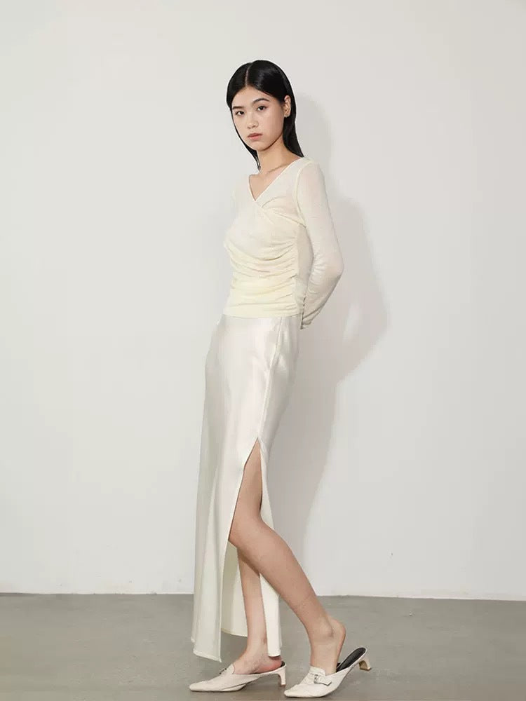 Imported Triacetate Satin 45 ° Bias-Cut Side Slit Extra-Long Floor-Length A-Line Fishtail Elastic Waist Skirt for Women