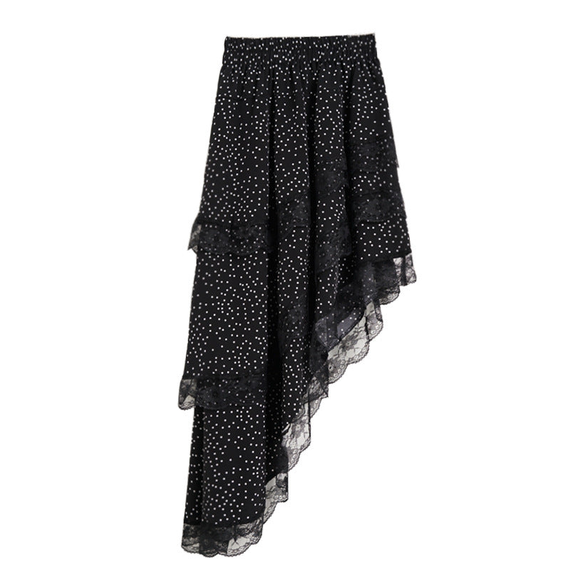 Yamamoto Summer French Style Irregular Wave Dot Skirt High Waist Lace Slant Hem Design Midi Dress