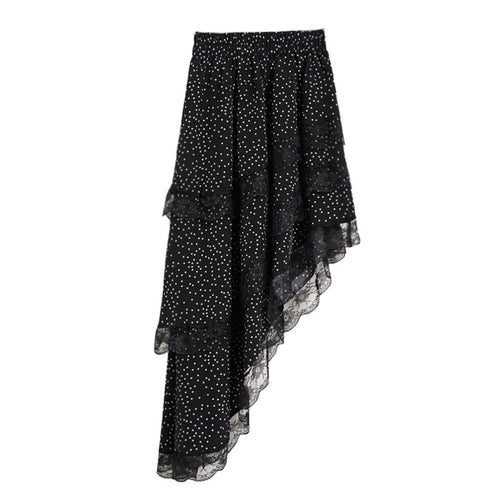 Yamamoto Summer French Style Irregular Wave Dot Skirt High Waist Lace Slant Hem Design Midi Dress