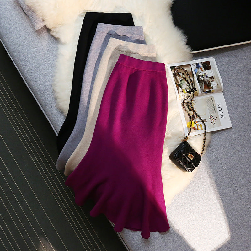 Long Knitted Fishtail Skirt Women's Autumn and Winter French Retro High Waist Sexy Wraped Hip Skirt Elegant Skirt