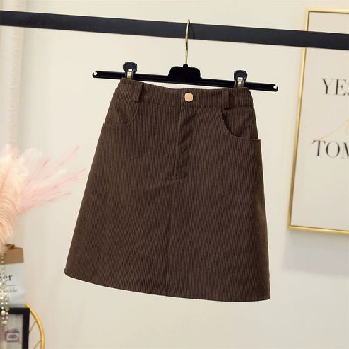 Black Corduroy Skirt Plus Size Fat mm Autumn and Winter Hip-Hugging Women's A-Line Skirt Slimming Look Versatile One-Step Skirt Short Skirt