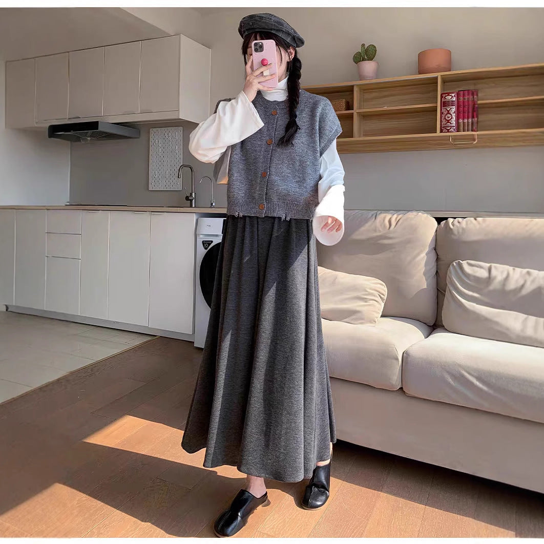 Black Glutinous Rice Culottes Women's Spring and Autumn New High Waist Dape Loose Casual Knitted Skirt for Small Men