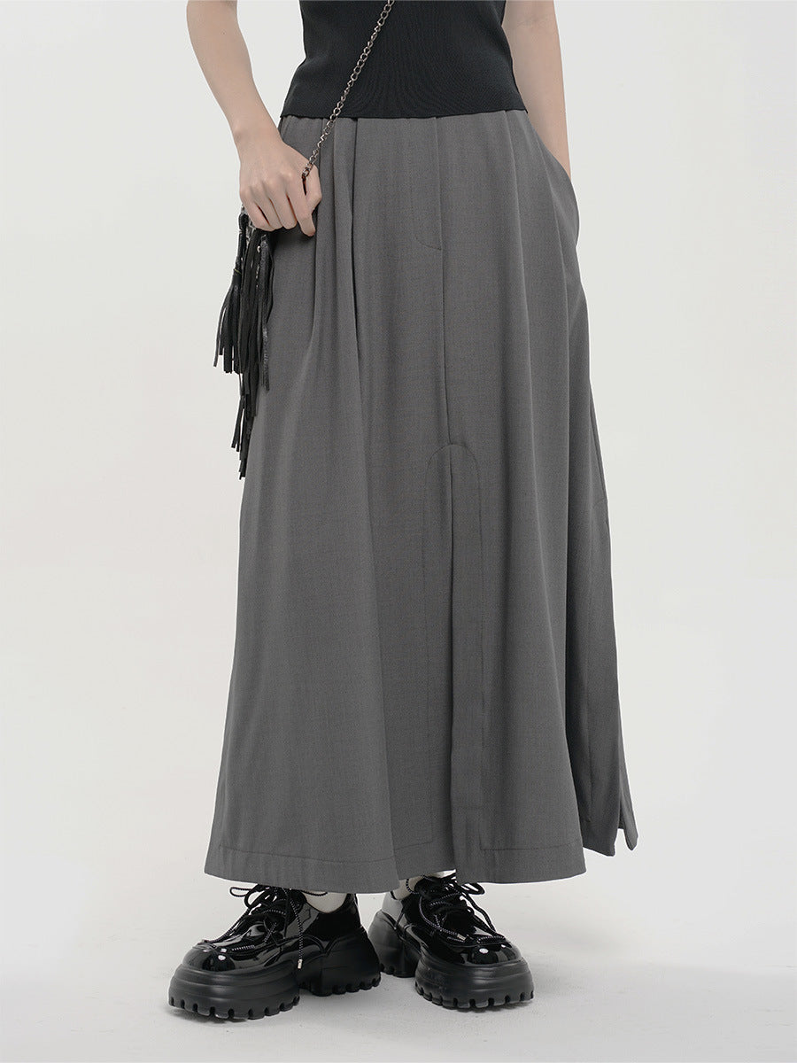 Summer Yamamoto Korean Style Grey Suit Split High Waist Slim A- line Pleated Casual Draped Midi Skirt