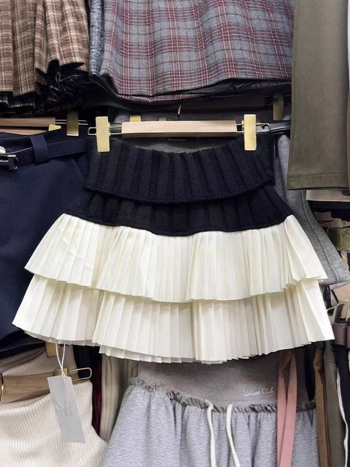 Designed Knitted Splicing Cake Skirt for Women Autumn and Winter New High-Waist Slimming Anti-Exposure Pleated Skirt