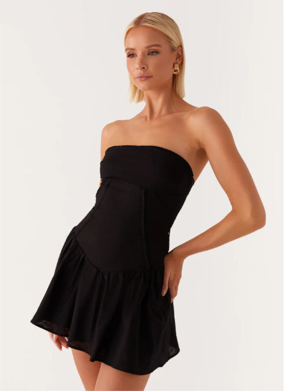 European and American New Amazon Hot Style Women's Pure Color Splicing Sexy and Playful Tube Top Backless Dress Short Skirt