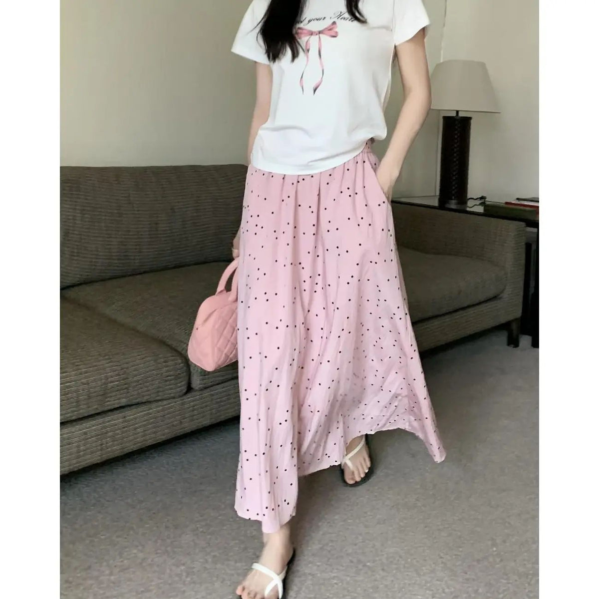 Fashionable Simple Wave Dot A- line Umbrella Dress Women's Summer New High Waist Slimming Sweet Elegant All-match Half-length Dress