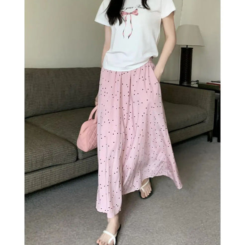 Fashionable Simple Wave Dot A- line Umbrella Dress Women's Summer New High Waist Slimming Sweet Elegant All-match Half-length Dress