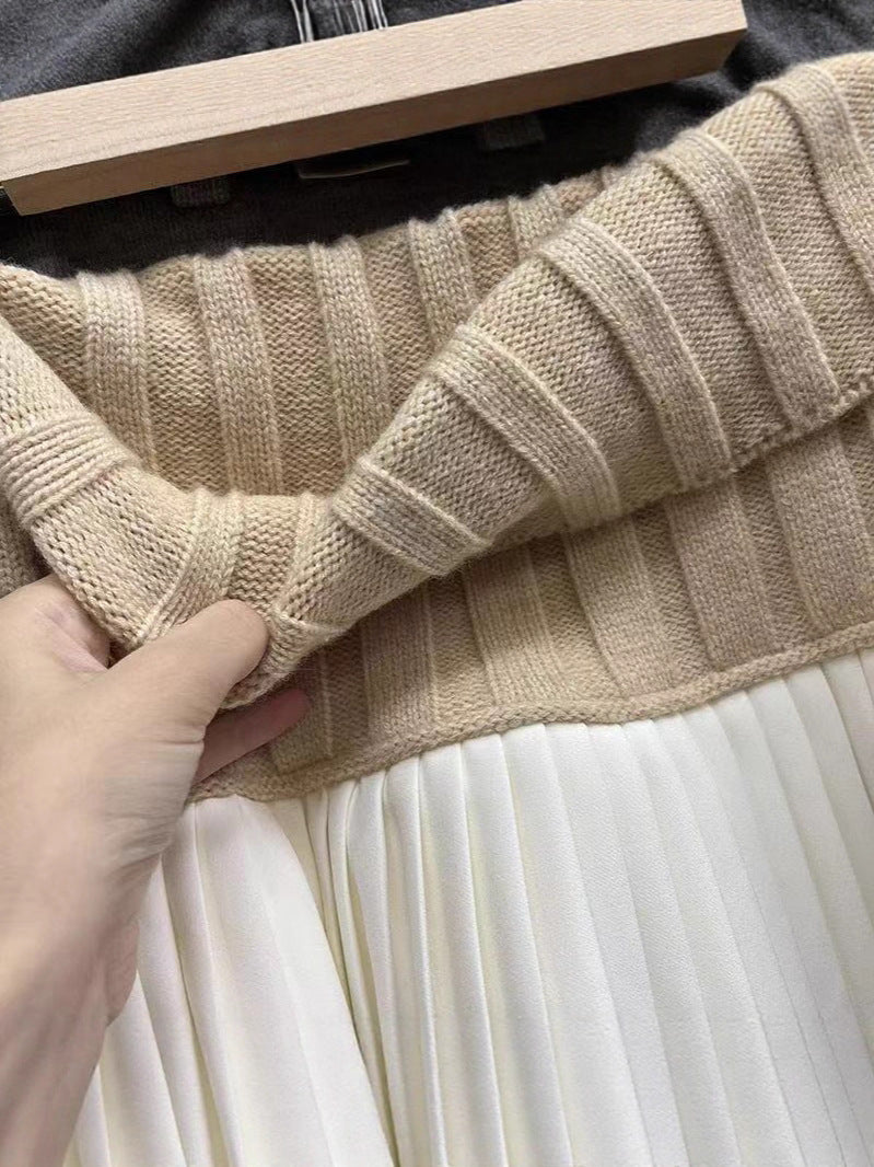 Designed Knitted Splicing Cake Skirt for Women Autumn and Winter New High-Waist Slimming Anti-Exposure Pleated Skirt
