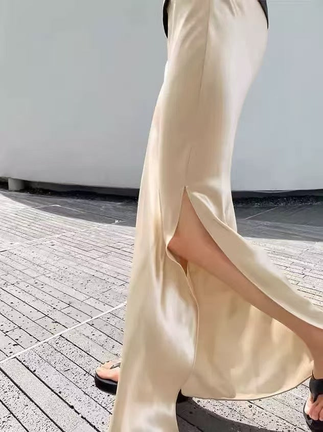 Imported Triacetate Satin 45 ° Bias-Cut Side Slit Extra-Long Floor-Length A-Line Fishtail Elastic Waist Skirt for Women