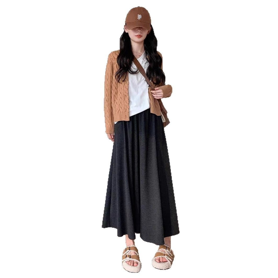 Black Glutinous Rice Culottes Women's Spring and Autumn New High Waist Dape Loose Casual Knitted Skirt for Small Men