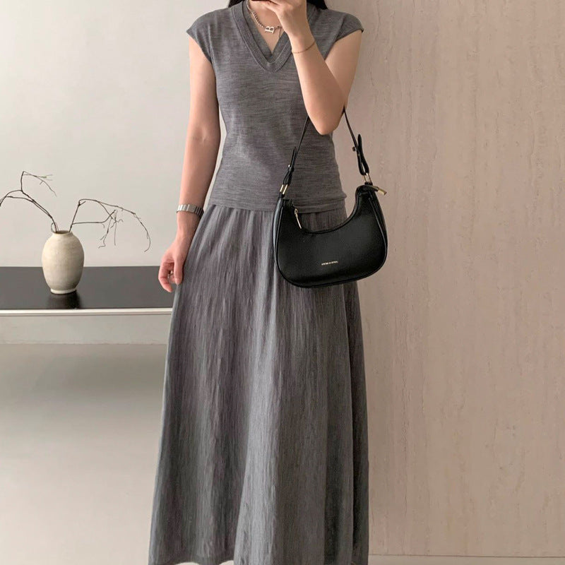 Elegant Imitation 100% Pure Wool Dress for Women, Summer 2025 New Style, Petite Waist-Cinching Slimming Long Dress