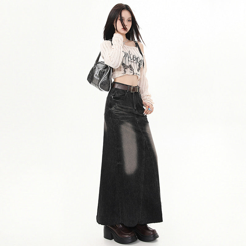Versatile Fashion Patchwork Back Slit Denim Midi Skirt for Women, New Spring/Summer High-Waisted Vintage Frayed A-Line Skirt~