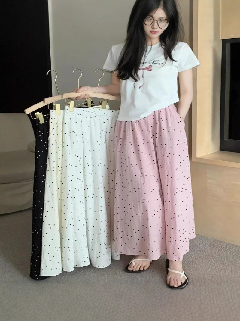 Fashionable Simple Wave Dot A- line Umbrella Dress Women's Summer New High Waist Slimming Sweet Elegant All-match Half-length Dress