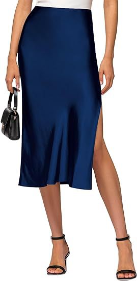 Cross-Border Amazon European and American Style Slit Satin Skirt Elastic High-Waisted Dress Slimming Fashionable Versatile