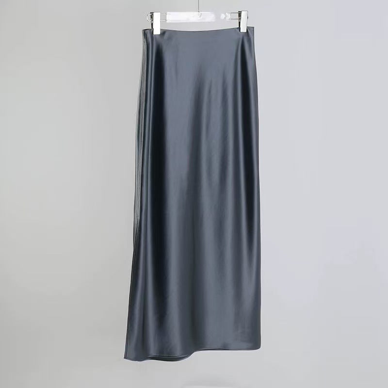 Imported Triacetate Satin 45 ° Bias-Cut Side Slit Extra-Long Floor-Length A-Line Fishtail Elastic Waist Skirt for Women