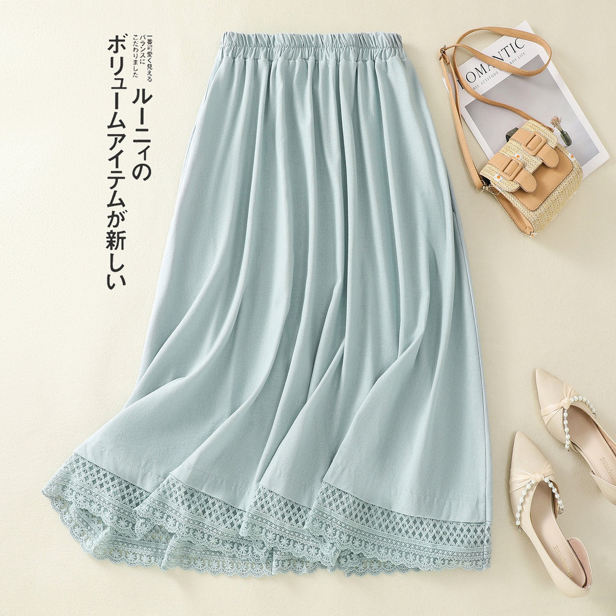 Real shot summer new cotton and linen skirt Japanese style retro all-match elastic waist slim A- line midi skirt for women