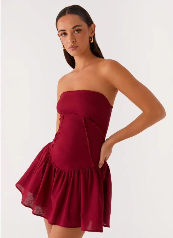 European and American New Amazon Hot Style Women's Pure Color Splicing Sexy and Playful Tube Top Backless Dress Short Skirt