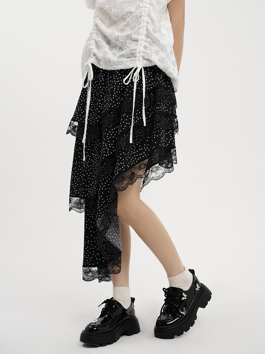 Yamamoto Summer French Style Irregular Wave Dot Skirt High Waist Lace Slant Hem Design Midi Dress