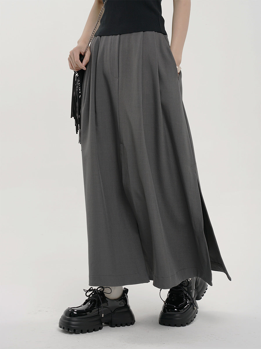 Summer Yamamoto Korean Style Grey Suit Split High Waist Slim A- line Pleated Casual Draped Midi Skirt