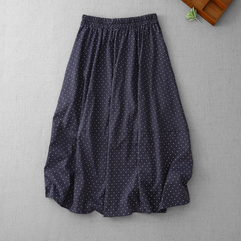 Vintage Polka Dot Cotton Linen Skirt for Women, Summer New Versatile Slimming Elastic Waist A-Line Midi Skirt